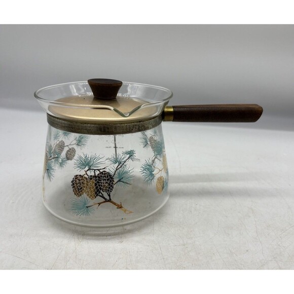 Vtg Mid-Century Douglas Libbey Flameproof Coffee Pot Blue Gold Gilt Pine Cones - Picture 1 of 9